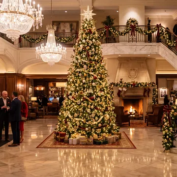 A grand, festively decorated hotel lobby with a large Christmas tree, chandeliers, and guests walking on a staircase