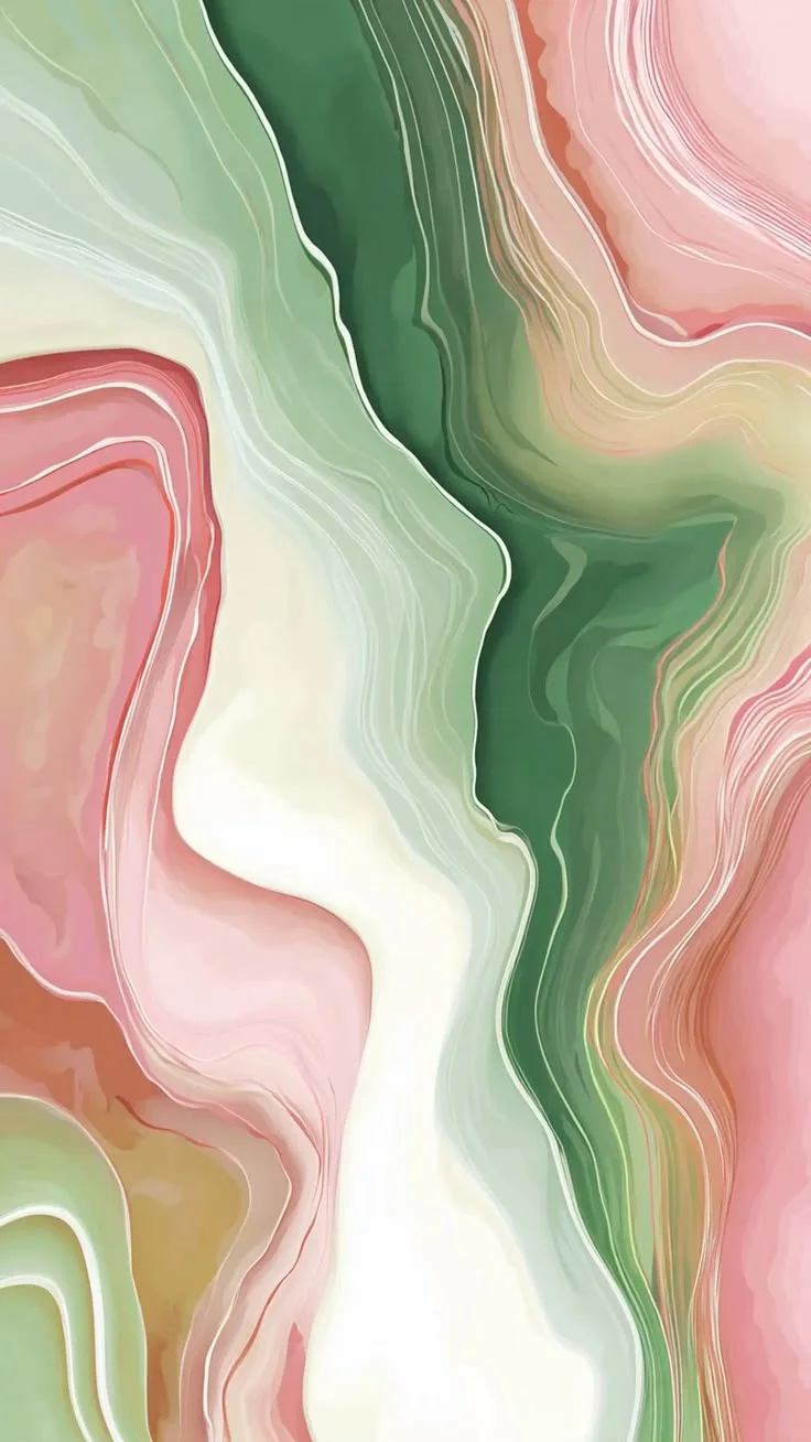 Abstract digital artwork with flowing pastel swirls of pink green and cream