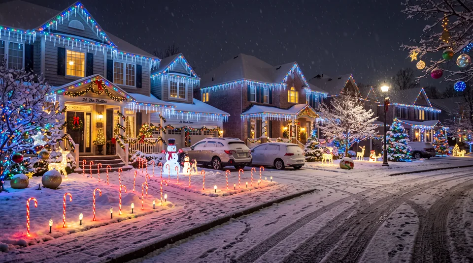 A glowing village at night during Christmas
