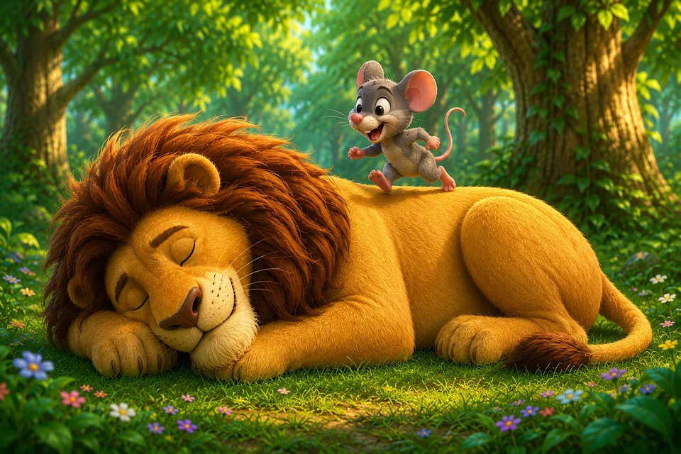 A small mouse playfully jumping on a sleeping lion in a sunny forest with flowers