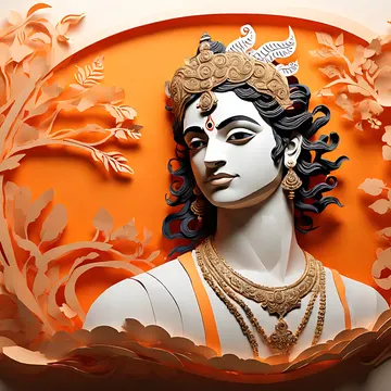 A stylized, AI-generated portrait of a deity with ornate headgear and jewelry, framed by decorative orange paper-cut foliage
