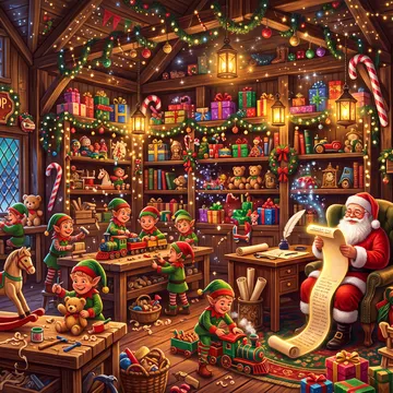 A festive, AI-generated illustration of Santa Claus in his workshop at the North Pole, surrounded by elves working at tables, with a decorated Christm