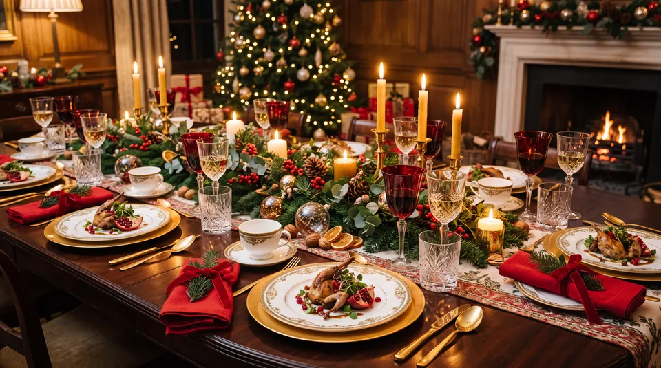 A festively decorated Christmas dinner table with candles, wine glasses, and a Christmas tree in the background