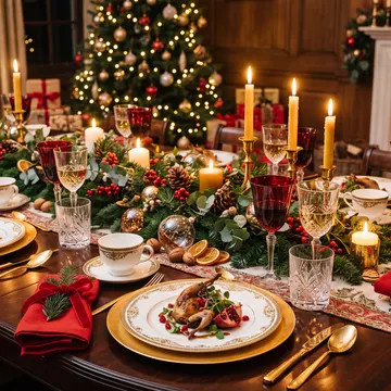 A festively decorated Christmas dinner table with candles, wine glasses, and a Christmas tree in the background