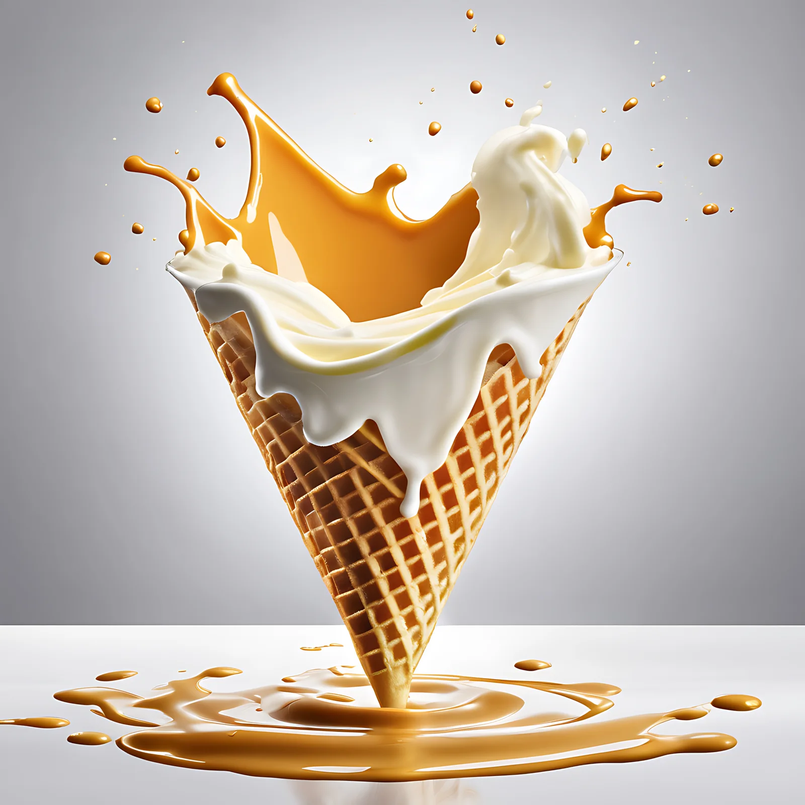 A waffle ice cream cone with white and caramel-colored ice cream splashing out of it against a plain gray background