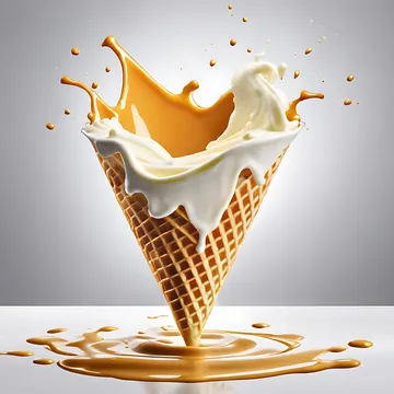 A waffle ice cream cone with white and caramel-colored ice cream splashing out of it against a plain gray background