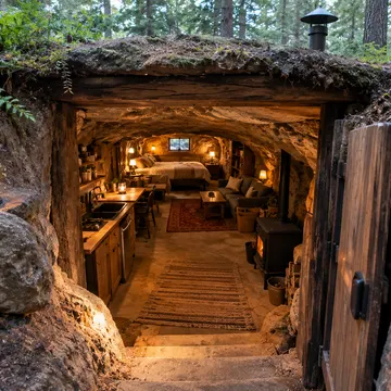 A cozy underground cabin with stone walls and wooden beams, lit warmly by lamps and a fireplace
