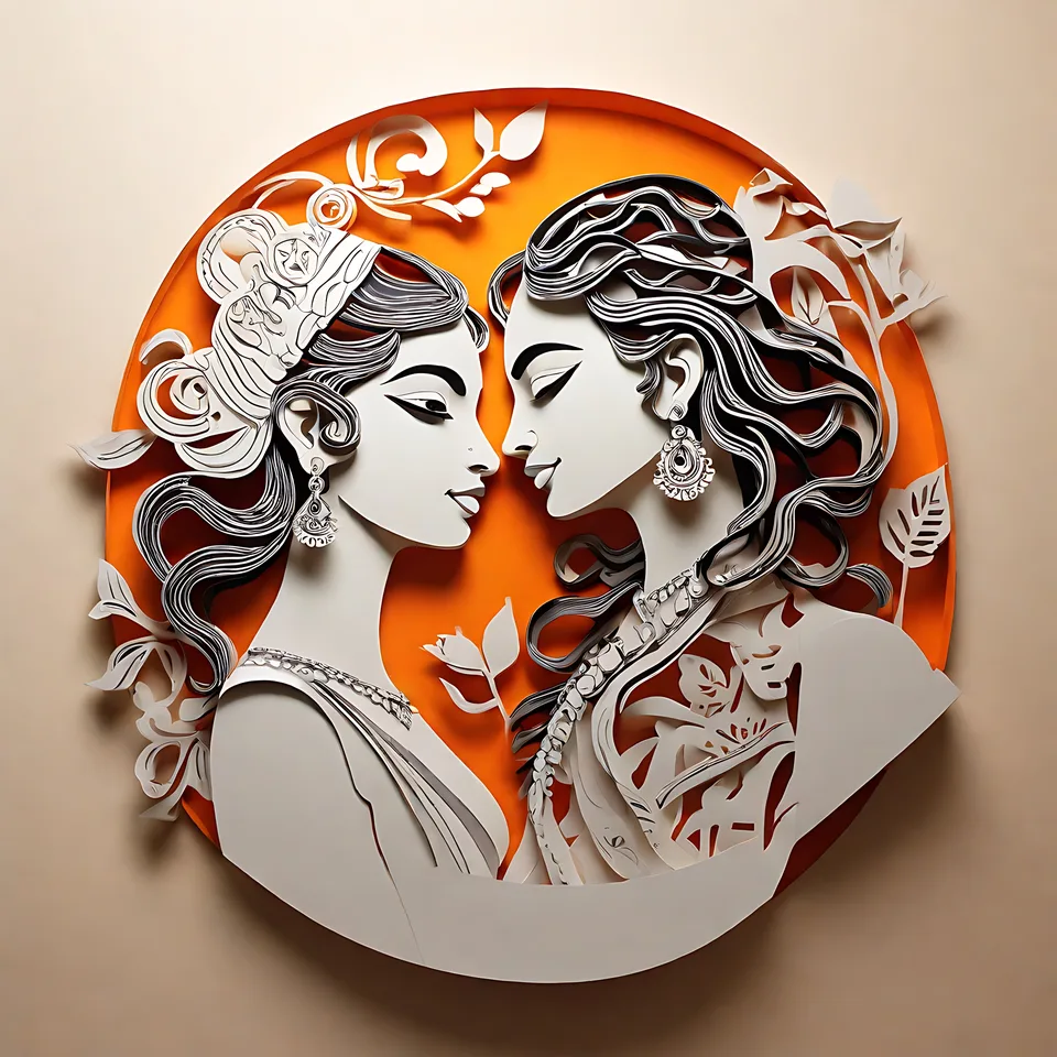 A stylized paper-cut art piece depicting two women in profile facing each other against an orange circular background
