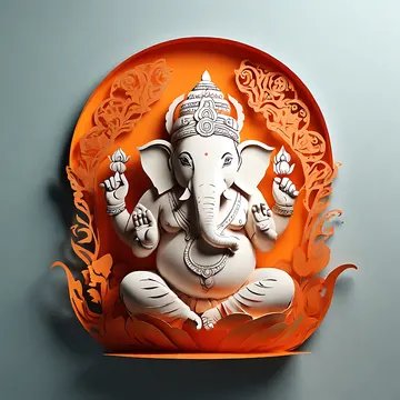 A stylized, white, paper-cutout sculpture of the Hindu deity Ganesha, seated in a meditative pose within an orange circular frame against a light gray