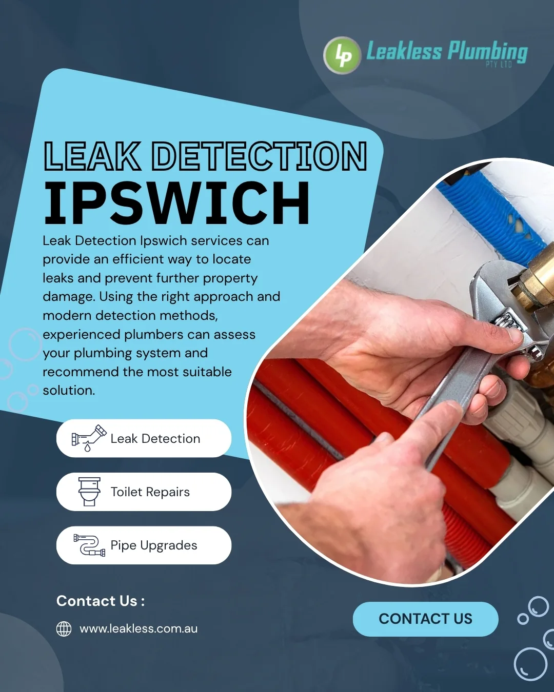 Plumber tightening pipe fitting with wrench for leak detection service