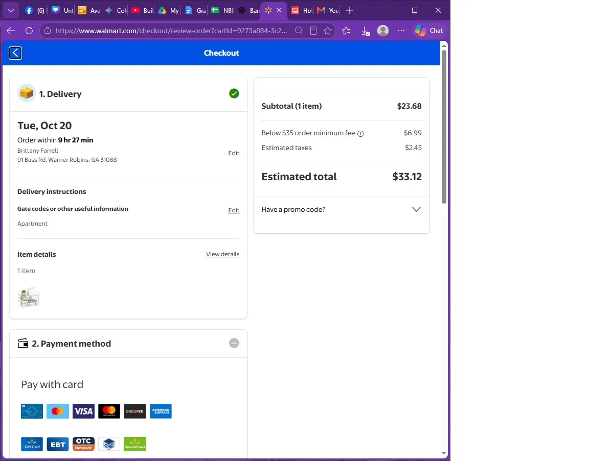 Walmart checkout screen displaying delivery info and payment methods for an order totaling $33.12