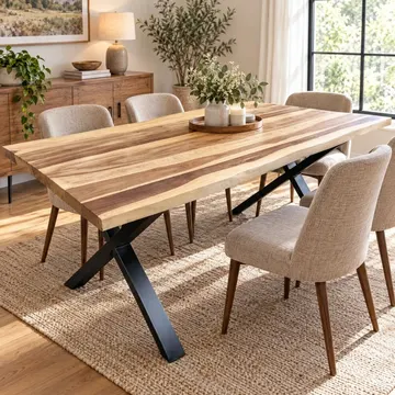 A wooden dining table with black metal legs and beige chairs in a sunlit room with plants and a woven rug