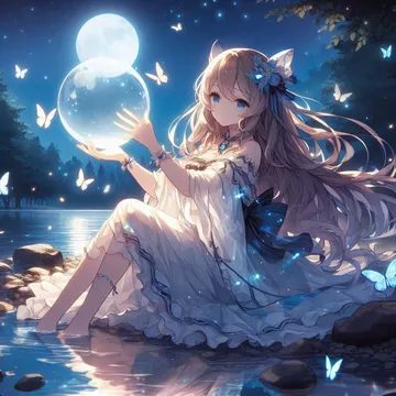 Anime girl with cat ears holding glowing orb by moonlit lake surrounded by butterflies