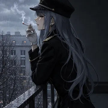 Silver-haired anime officer in black uniform smoking cigarette on rainy balcony overlooking city