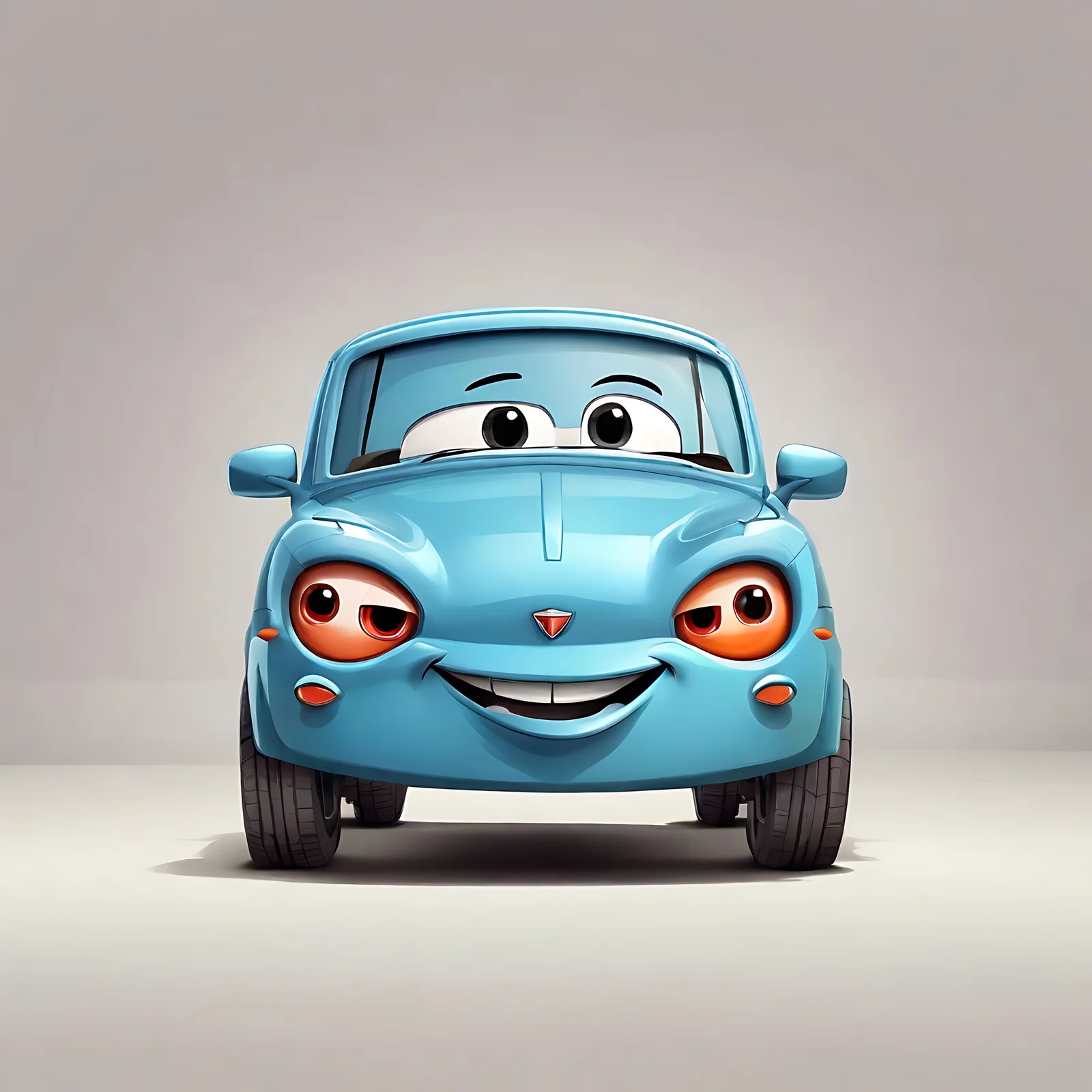 A cartoon-style blue car with a smiling face and large eyes is shown front-facing against a plain background