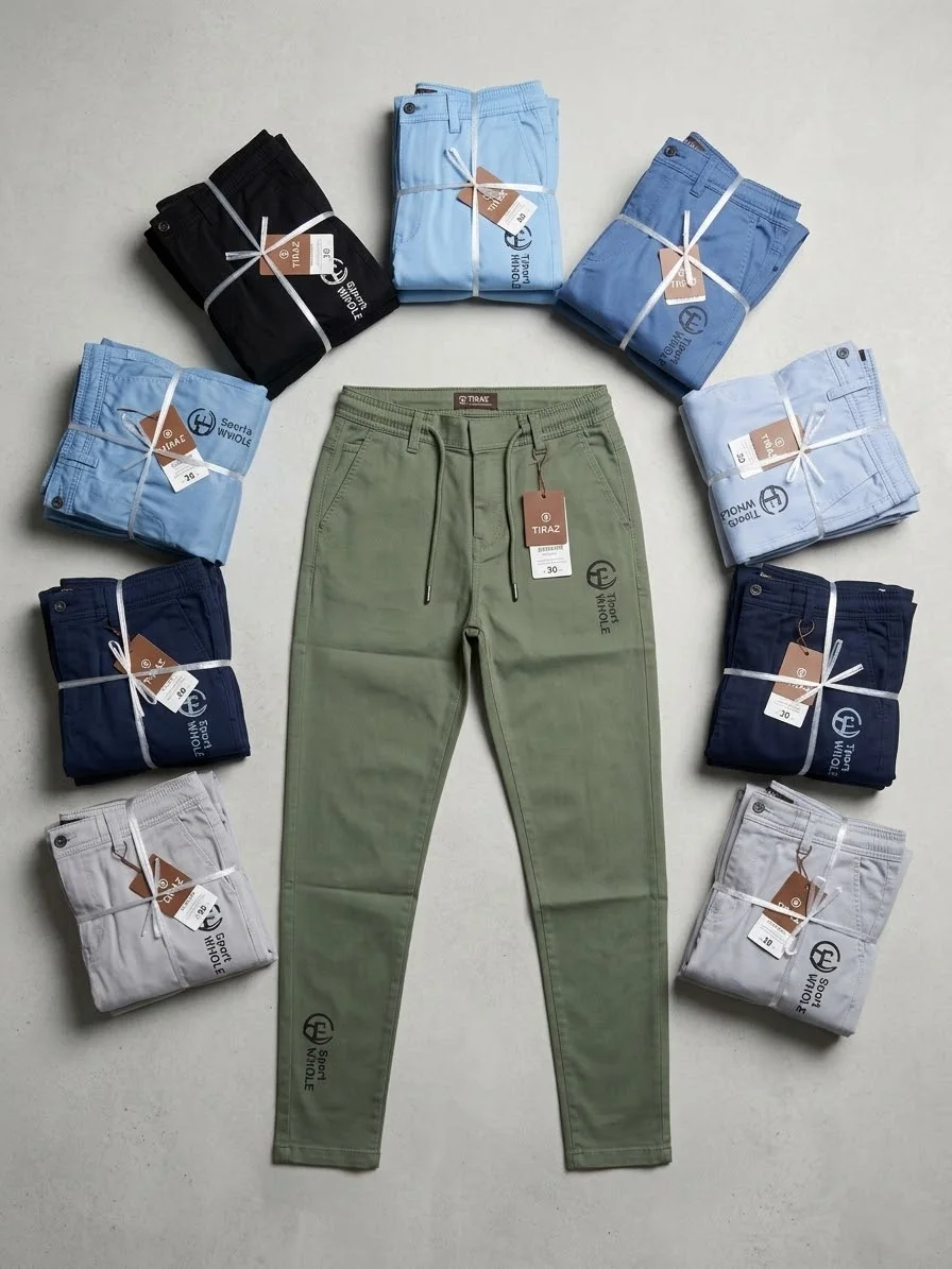 Eight folded color variants of men's trousers arranged around a central olive green pair with tags