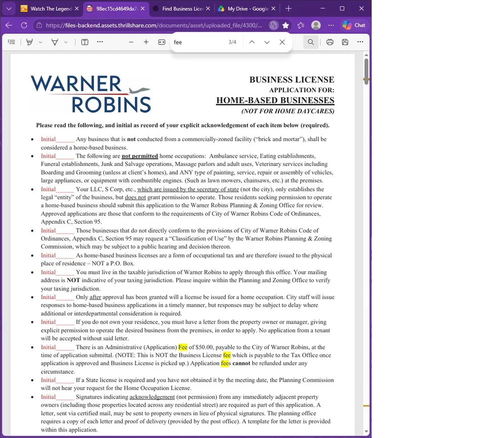 Warner Robins home-based business license application form with legal requirements and fee details