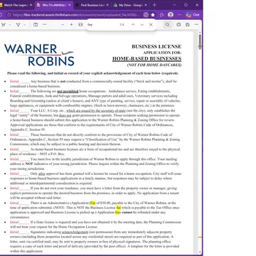 Warner Robins home-based business license application form with legal requirements and fee details