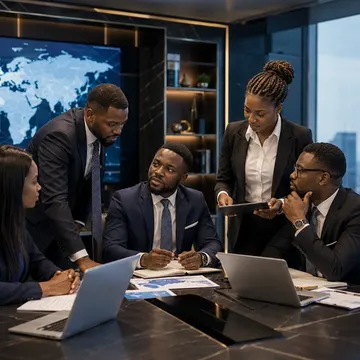 Diverse business team in suits reviewing data on laptops and tablets in a modern glass office with world map background