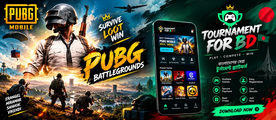 PUBG Mobile tournament ad showing soldiers, a cityscape, and a phone with game options