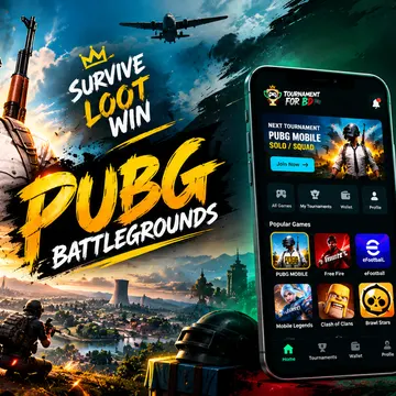 PUBG Mobile tournament ad showing soldiers, a cityscape, and a phone with game options