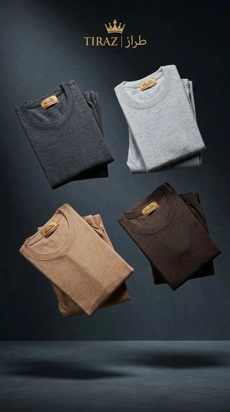 Four folded TIRAZ brand crewneck shirts in gray brown and tan floating in a dark studio setting