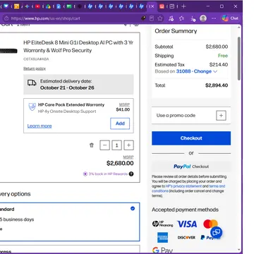 HP shopping cart webpage showing desktop PC order summary and payment options