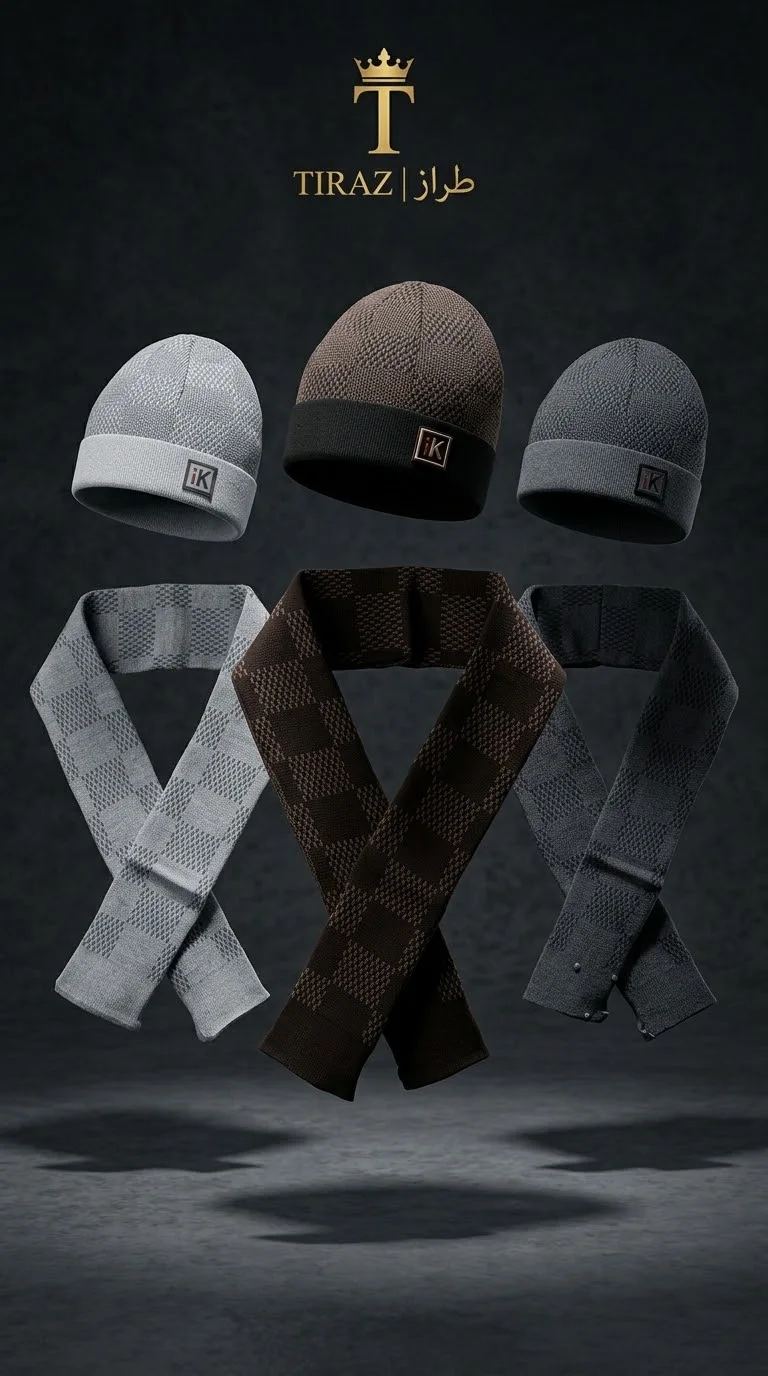 Three floating knit beanies and scarves in gray brown and black with checkered patterns and brand logos