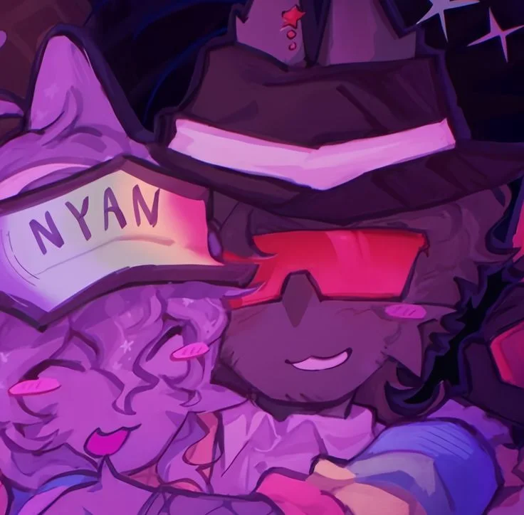 Two smiling anime characters hugging under starry hats with glowing purple and pink hues