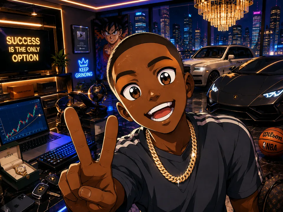 Young man in luxury apartment with sports cars and city view smiling and flashing peace sign