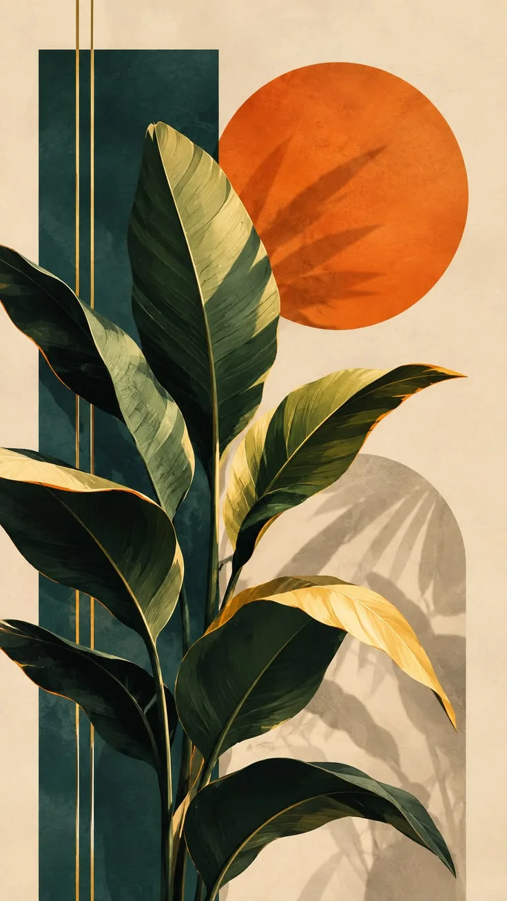 Tropical leaves with shadows against beige wall and orange circle with teal stripe