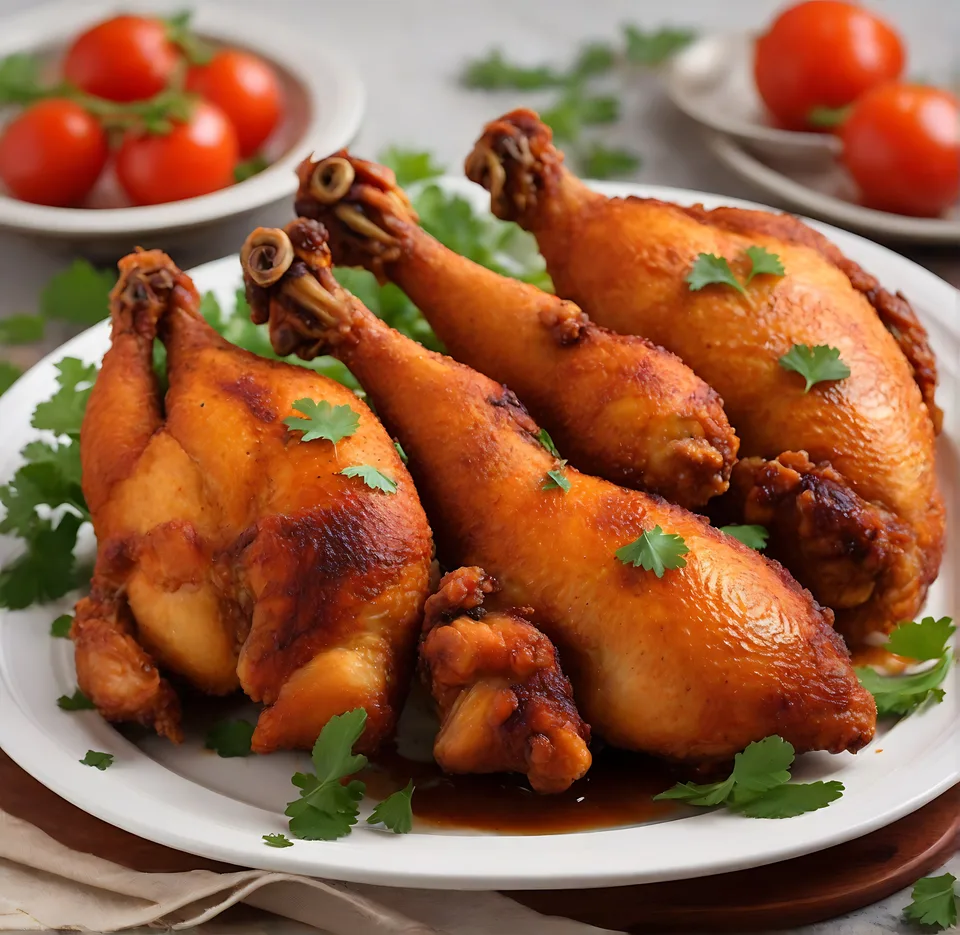 A plate of roasted chicken legs garnished with parsley, with cherry tomatoes in the background