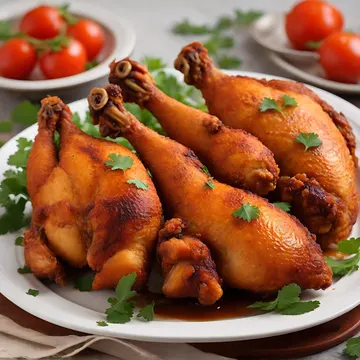 A plate of roasted chicken legs garnished with parsley, with cherry tomatoes in the background