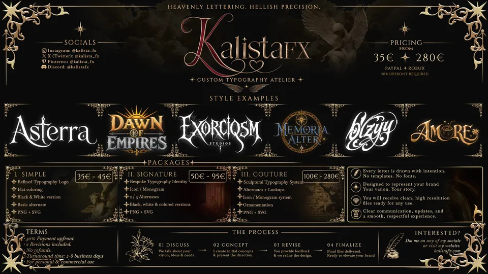 Custom typography atelier offering logo design services with pricing and style examples