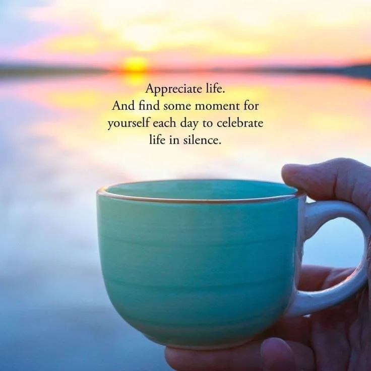 Hand holding teal mug at sunset with inspirational quote about appreciating life in silence