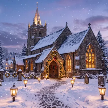 A snow-covered church with illuminated windows and a decorated entrance, surrounded by snow-laden evergreen trees under a twilight sky with a crescent