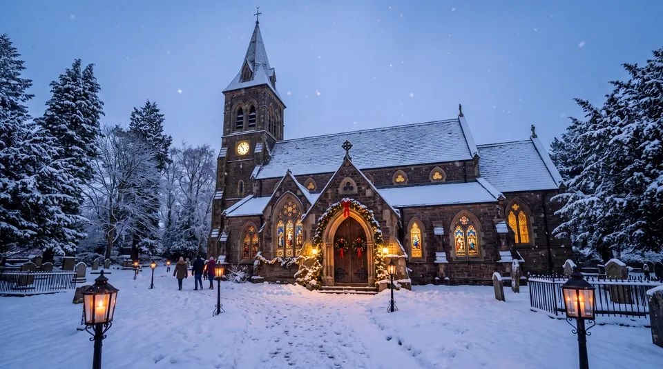 A snow-covered stone church with a steeple and illuminated windows, surrounded by snow-laden trees and lampposts, with a few people walking in the for