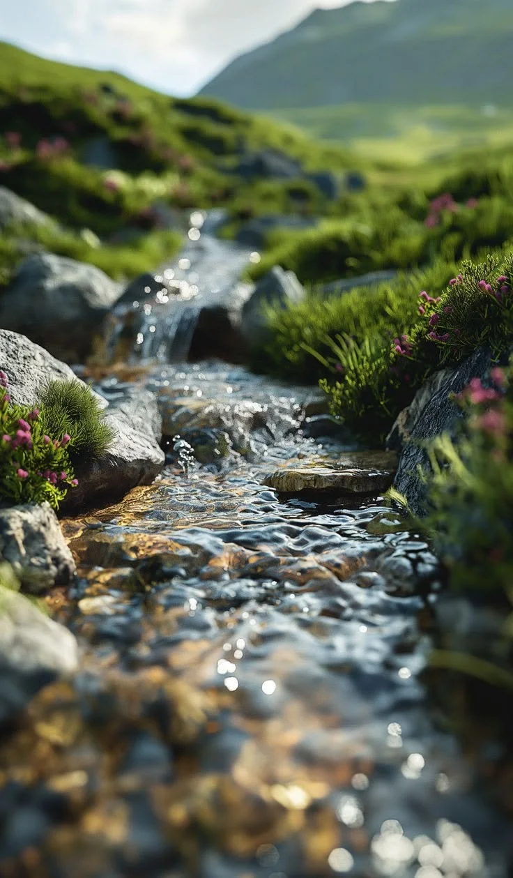 A clear mountain stream flows over rocks with green grass and purple flowers along its banks