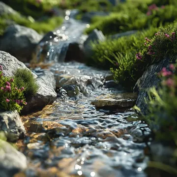 A clear mountain stream flows over rocks with green grass and purple flowers along its banks
