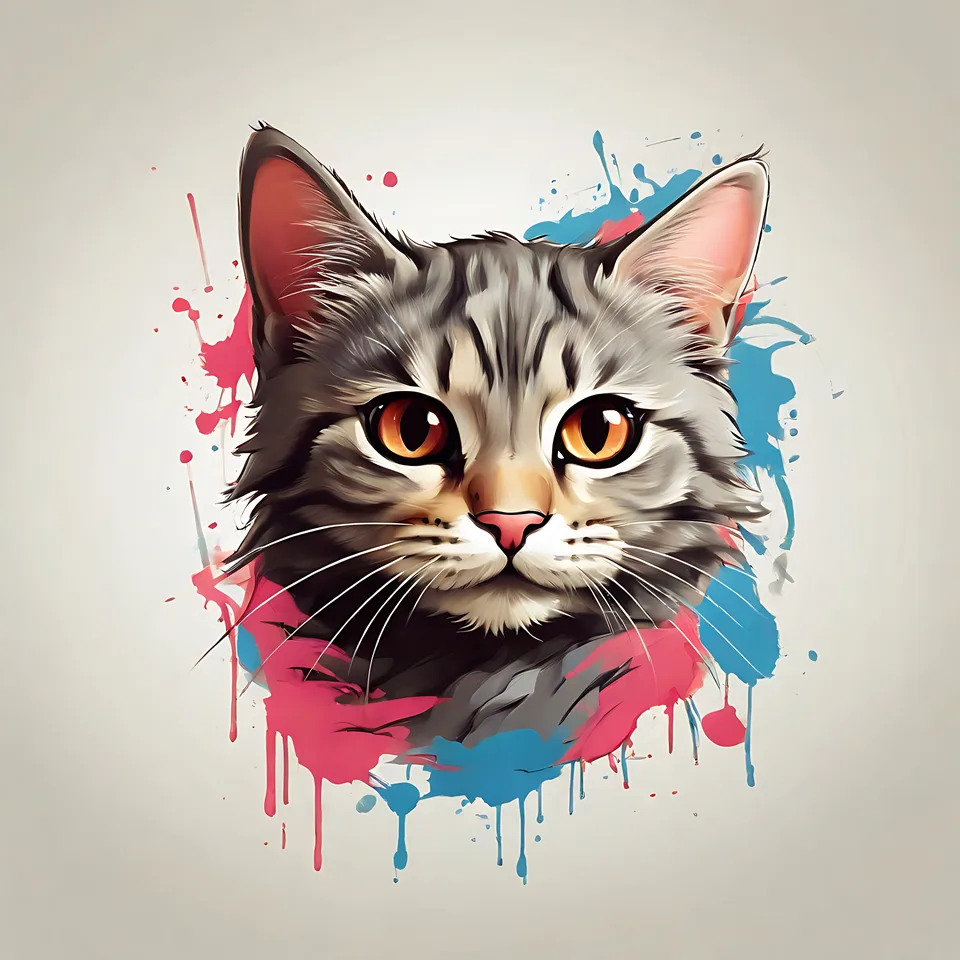 A stylized digital illustration of a tabby cat's face surrounded by pink and blue paint splatters