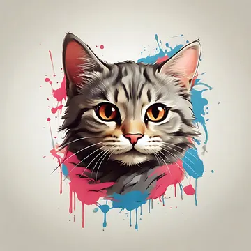 A stylized digital illustration of a tabby cat's face surrounded by pink and blue paint splatters