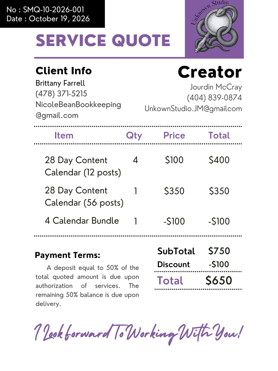 A professional service quote document with client and creator details, itemized pricing, and payment terms