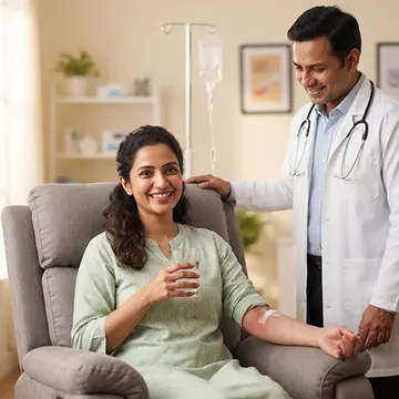 A woman with an IV drip smiles while a doctor comforts her in a hospital room