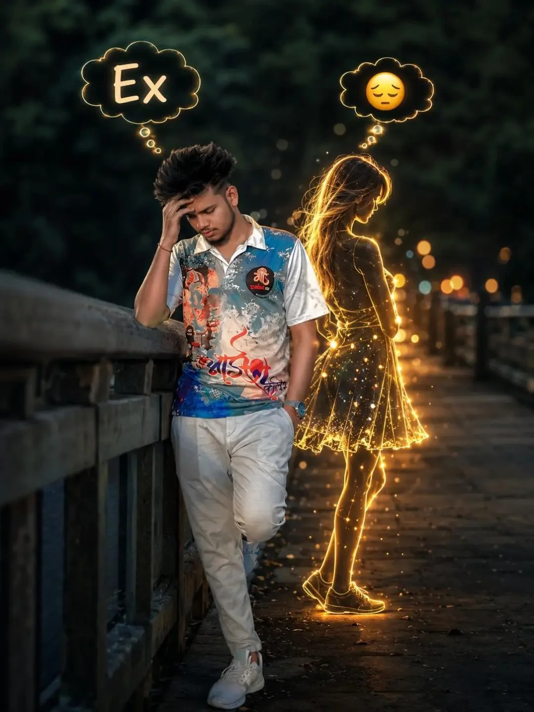 Man looking down at bridge while glowing woman walks away with sad emoji thought bubble