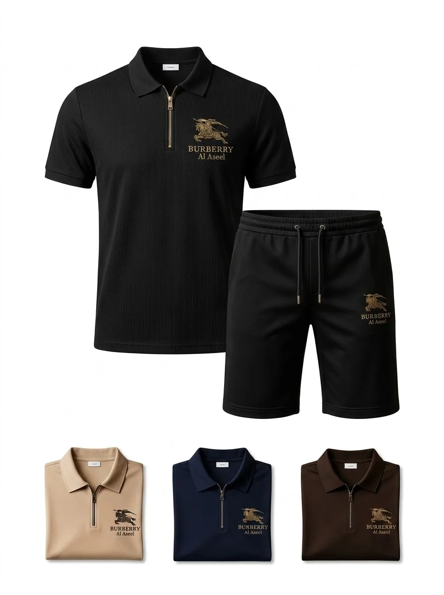 Black textured polo shirt and shorts with gold logo, shown with folded beige navy and brown variants