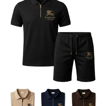 Black textured polo shirt and shorts with gold logo, shown with folded beige navy and brown variants