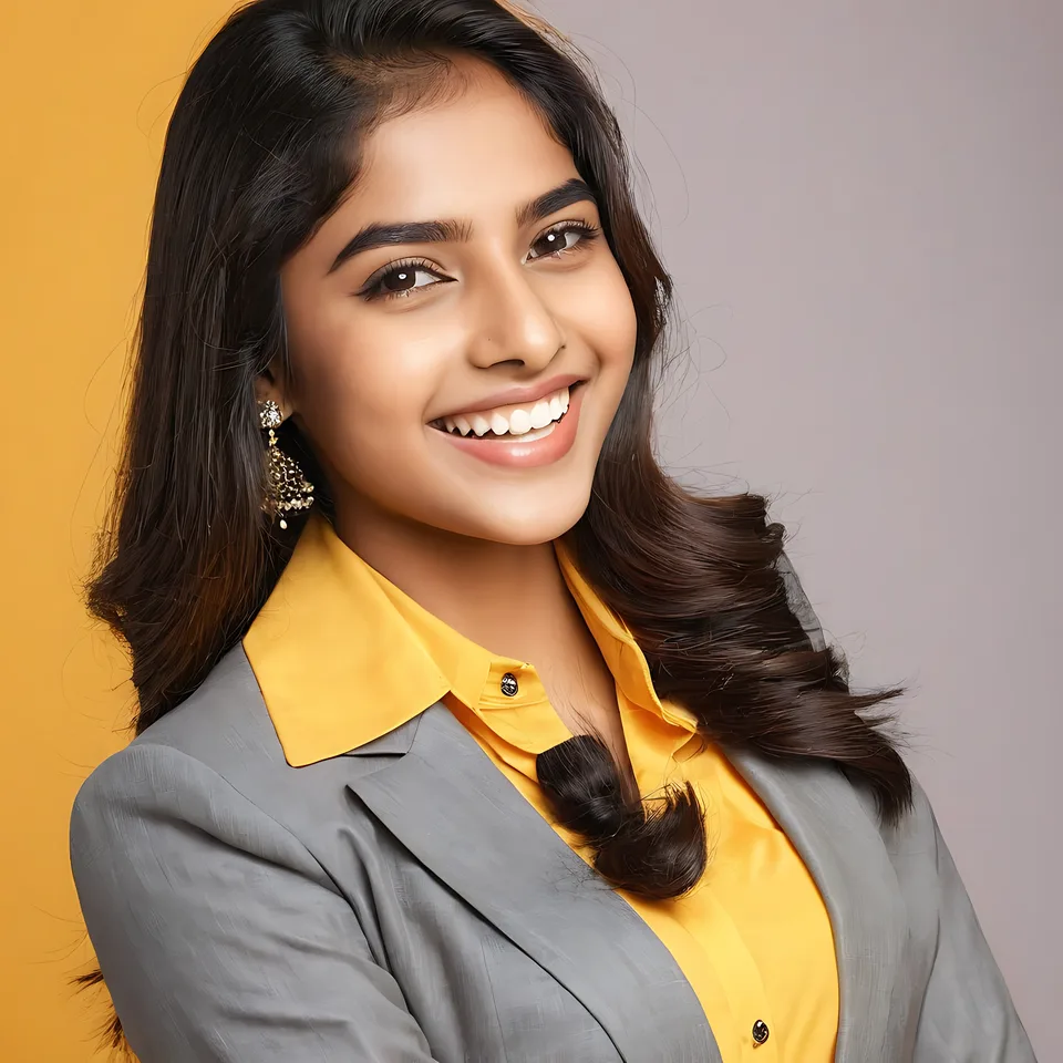 A smiling woman with dark hair wearing a yellow shirt and gray blazer against a two-tone background