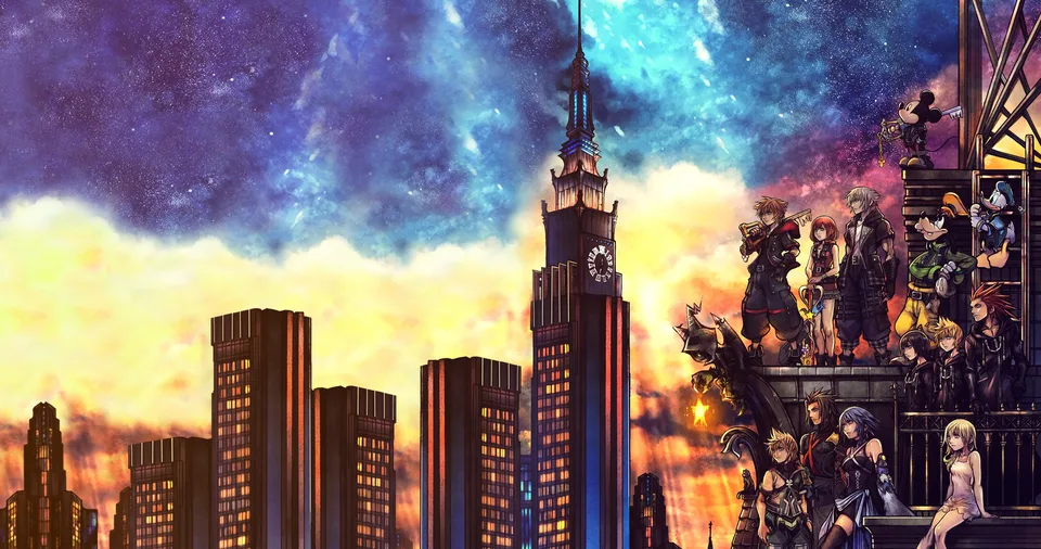Anime characters on a rooftop overlooking a city at sunset with stars in the sky
