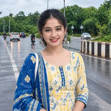 Young woman in traditional Indian attire smiling on a wet road with vehicles and trees behind her