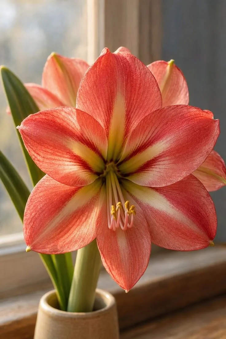 Coral amaryllis flower in ceramic vase on wooden windowsill with soft sunlight